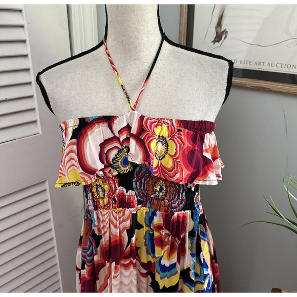 PURE ENERGY Women Dress 1X Colorful Maxi Halter Tiered Smocked Tropical Sundress - Picture 2 of 12